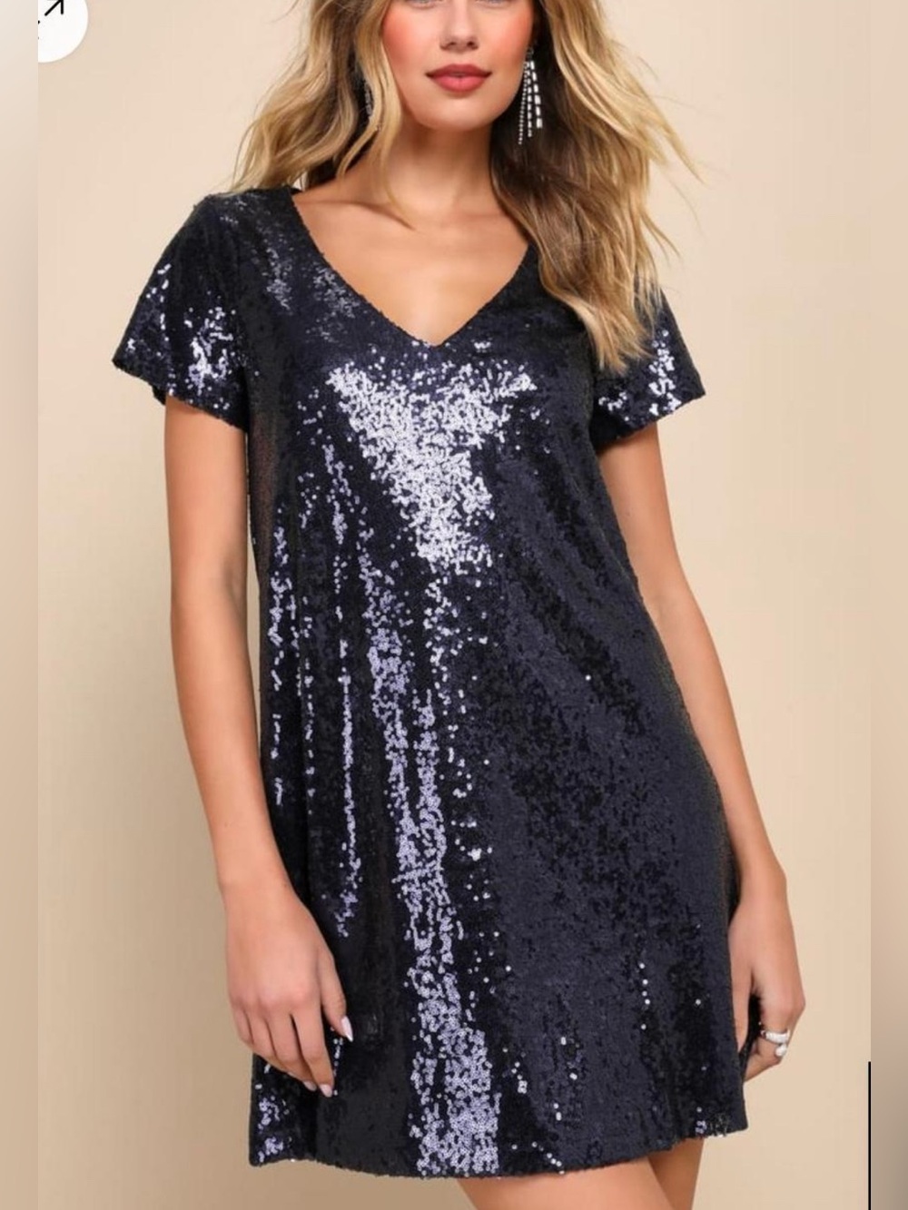 Lulus Large Navy Sequined Short Sleeved V Neck Dress